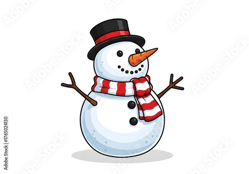 Cute snowman cartoon with black hat and red striped scarf on white background, cheerful winter character illustration perfect for Christmas holiday designs