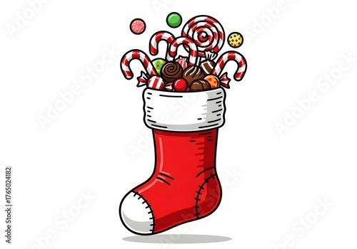 Red Christmas stocking filled with candy canes and lollipops on white background, festive holiday sock decoration with sweet treats and gifts illustration