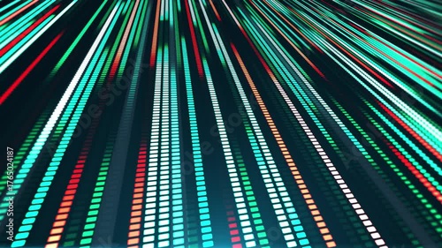 Animation with colorful glowing lines of many multicolored pixels, stretching into the distance. Creates a neon motion effect, reminiscent of a ticker or a music equalizer.