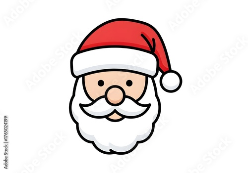 Cute Santa Claus face cartoon illustration on white background, simple kawaii style Christmas character with red hat perfect for holiday greeting designs