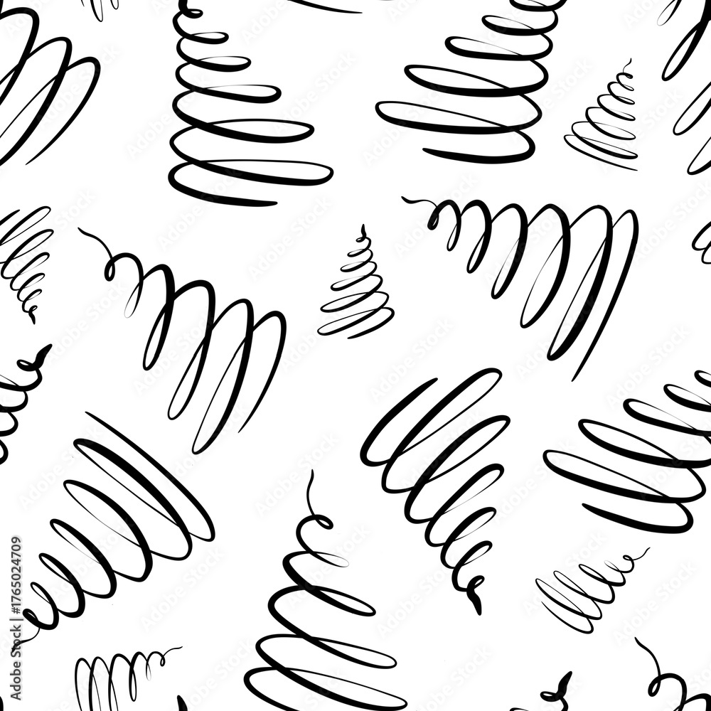 Obraz premium Seamless minimalist pattern with hand-drawn abstract Christmas trees or spirals in black on a white background.