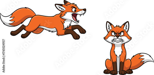 Angry cartoon fox characters, expressive wild fox illustrations, furious forest animal, cute but mad foxes, wildlife emotion, comic style art