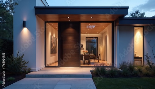 Modern house exterior at dusk. Large windows and a wooden door provide a view into the illuminated interior. Minimalist landscaping includes grass and shrubs.
