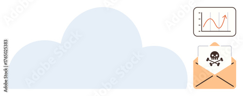 Cloud represents digital storage. Chart highlights data tracking, while email with skull warns of malware. Ideal for cybersecurity, cloud safety, data analysis, online threats, IT, hacking