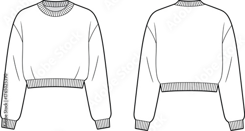 CAD drawing flat vector illustration of a women’s long sleeve crew neck sweatshirt with ribbed cuffs and waistband, front and back