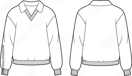 CAD drawing flat vector illustration of casual v-neck sweater with collar, women’s fashion pullover