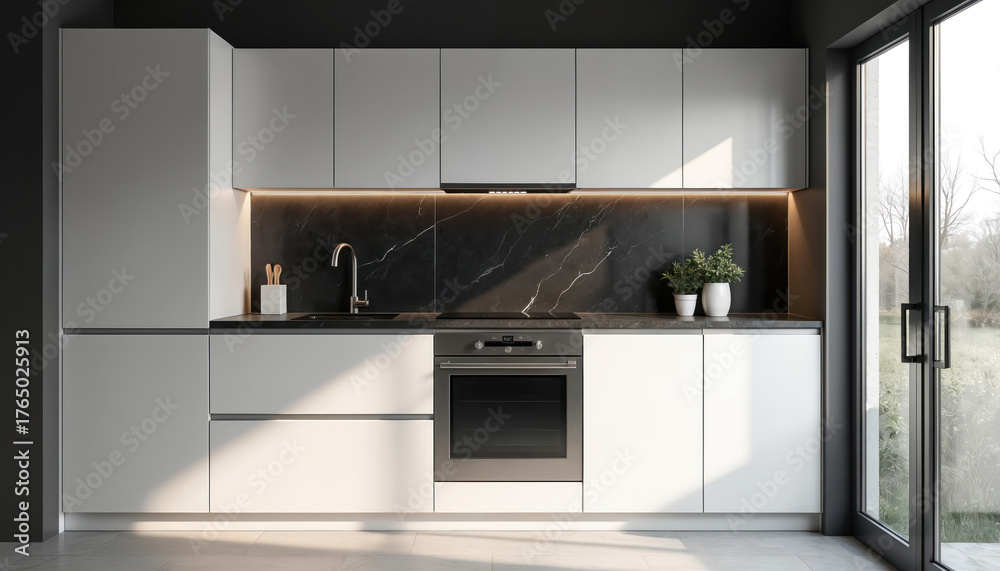 Fototapeta premium Modern kitchen with white cabinets. Silver oven is built in. Black backsplash and monochromatic decor. Track lighting above adds ambiance. Scandinavian style interior with door to backyard garden.