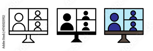 A colored, filled, and stroke-style video conference call symbol representing online meetings, remote communication, and virtual collaboration.