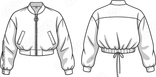 CAD drawing flat vector illustration of cropped bomber jacket with front zip, ribbed cuffs, drawstring waist,