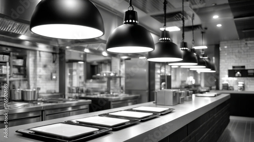 Stainless steel commercial kitchen expo line with heat lamps and order trays