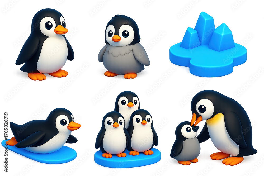 Naklejka premium Penguin Life Icons. 3D icon set of penguin life: waddling penguin, fluffy chick, icy terrain, penguin colony, sliding on belly,