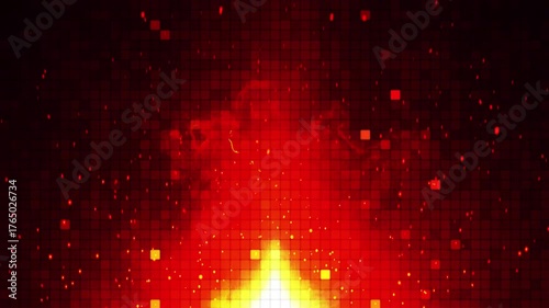 Intense bright red fire flames with sparks combined with abstract mosaic patterns create stunning visual effects. 4K Animation.