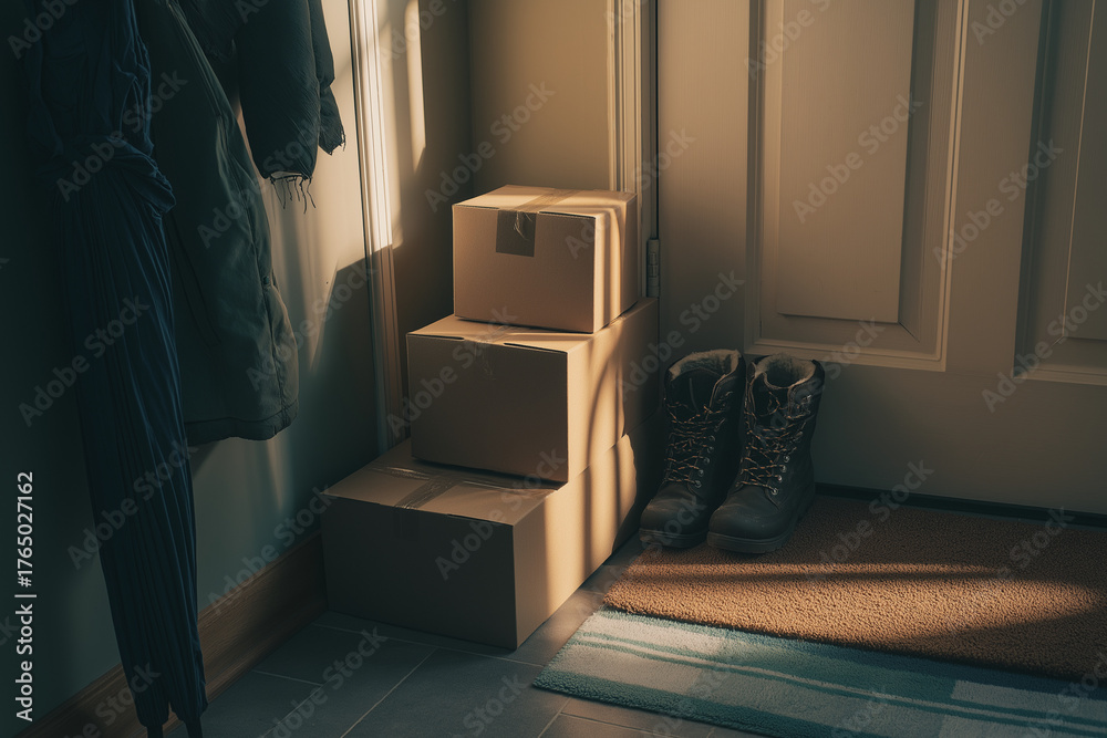 Fototapeta premium Cozy hallway scene with a cluster of plain delivered boxes by a door, doormat and winter boots nearby, soft morning light, lifestyle storytelling, space for copy on wall