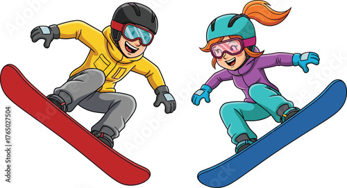 Cartoon snowboarders jumping in air, winter sport activity, extreme snowboarding