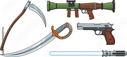 Cartoon weapon collection with pistol, scythe, rocket launcher, lightsaber, sword, fantasy