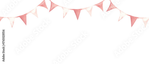 Watercolor pink bunting garland frame, border. Hand painted baby shower, birthday decoration for girl party, nursery wall print or invitation, cards, templates background.