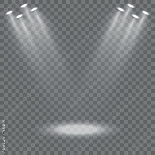 Stadium floodlight isolated set of LED strobe lights for lighting stage, stadium, podium, advertising presentations. 