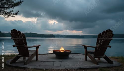 Two chairs face lake with fire pit under dramatic sky. Adirondack chairs overlook lake. Woods visible. Tranquil water scene for relaxation vacation. Dark clouds above calm water during summer