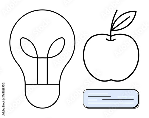 Lightbulb, apple with leaf, and closed book lined up in minimal style. Ideal for creativity, education, knowledge, learning, innovation simplicity ideas. Simple flat metaphor