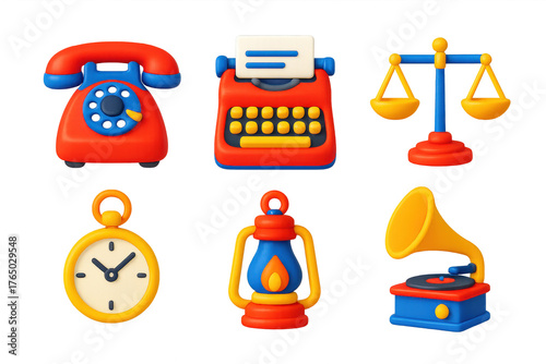 Vintage Devices Icons. 3D icon set of collectible vintage devices: rotary telephone, typewriter, balance scale, pocket watch, oil