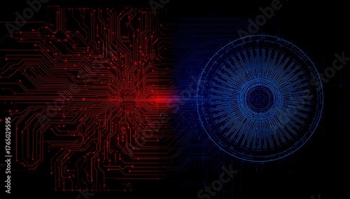 Split image showing red circuit board on left and blue digital eye on right against black background