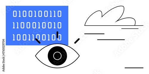 Eye tracking binary data block with cloud and dynamic lines in minimalist style. Ideal for technology, vision, AI, data analysis, digital transformation, innovation, coding. Simple flat metaphor