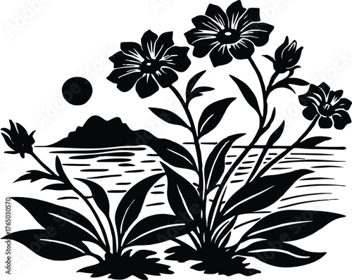 Flowers Near Ocean Breeze Silhouette | Coastal Blossoms in Gentle Wind