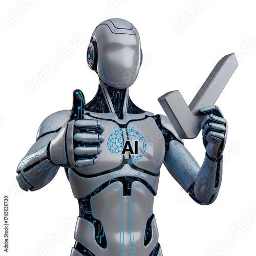 3D style robotic AI virtual assistant giving thumbs up and holding a light gray check mark Symbolizing success and approval on transparent background PNG