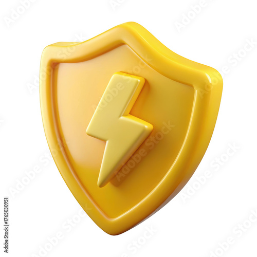 Golden shield with lightning bolt icon represents power and security isolated on high quality 3d rendering icon