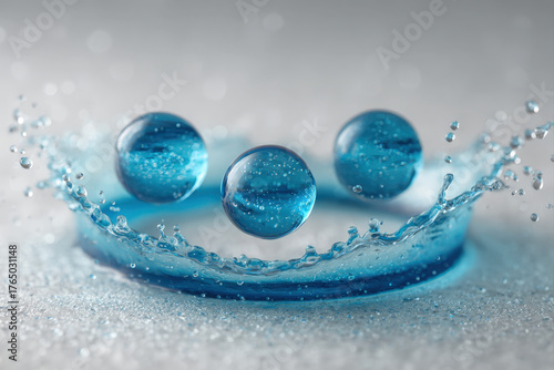 Three aligned levitating water droplets with cyan rim light on white background