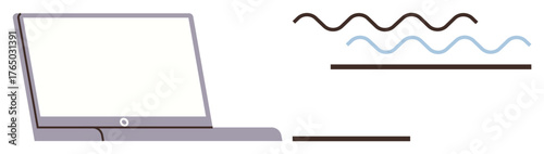 Open laptop next to wave-thumbs up lines symbolizing writing, creativity, and technology. Ideal for tech, blogging, communication, digital work, remote learning, content creation simple flat