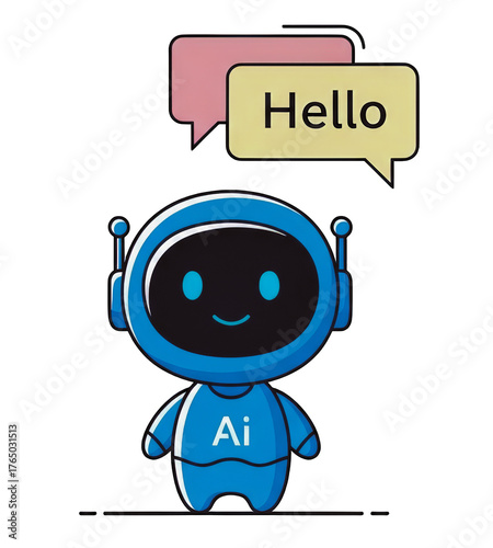 Blue 2D robotic mascot with antenna and 'Hello' speech bubble a friendly and interactive AI agent and virtual assistant interpretation PNG file