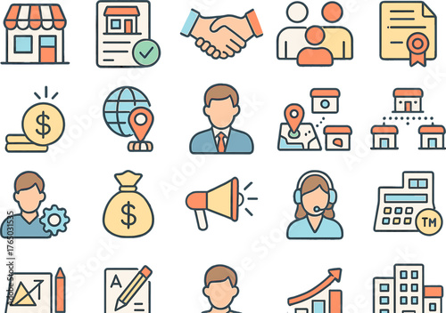 Franchise business management and marketing colored icon set