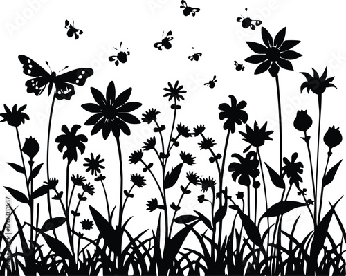 Wildflower Field and Flying Bees Silhouette | Bees Hovering Over Colorful Flowers