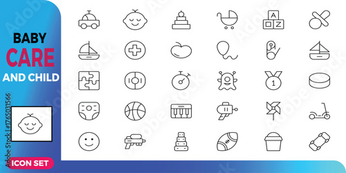 Comprehensive collection of baby care and childhood line icons, featuring toys, parenting essentials, and newborn items as a vector graphic symbol set for web and mobile design