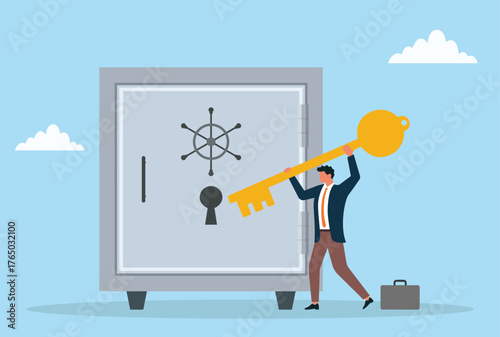Vector illustration of a businessman holding a giant key to unlock a large vault representing business success, opportunity, financial growth, and unlocking potential
