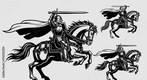 Medieval knight riding a horse with sword raised in a vintage engraving style art