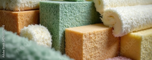 Close up photo of different home insulation materials. Various eco friendly and sustainable options are presented. Energy efficient materials are stacked. Construction industry and building materials.