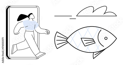 Woman exits smartphone embracing creativity with abstract fish nearby, symbolizing imagination and connection. Ideal for technology, freedom, exploration, creativity, innovation, surrealism. Simple