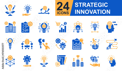 Strategic innovation Icons set vector illustration. Containing Creative Growth, Design Sprint, Planning, Market Trends, Mind Mapping and more. Simple solid icons collection.