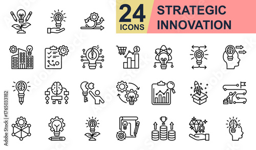Strategic innovation Icons set vector illustration. Containing Creative Growth, Design Sprint, Planning, Market Trends, Mind Mapping and more. Simple line icons collection.