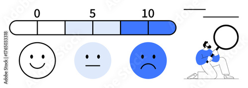 Horizontal satisfaction scale from 0-10, three emotion faces for feedback happy, neutral, sad, person analyzing with magnifying glass. Ideal for surveys, analysis, evaluation, customer support