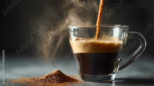 Pouring rich, aromatic espresso into a clear glass mug with a perfect crema and coffee grounds creating a visually stunning and inviting scene