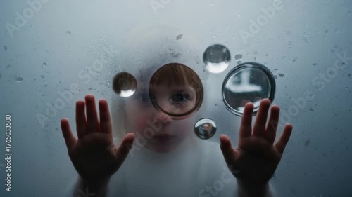 Curious child exploring foggy glass with wonder and imagination