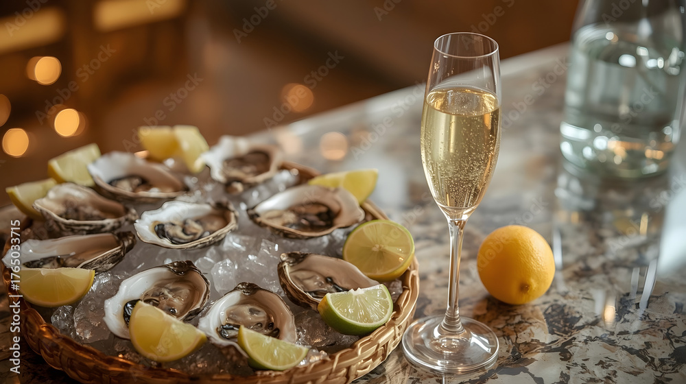 Fototapeta premium A luxurious prosecco bar concept featuring a decorative countertop with open oysters lying on a bed of crushed ice, accompanied by sliced lemons and limes, next to a delicate flute of champagne
