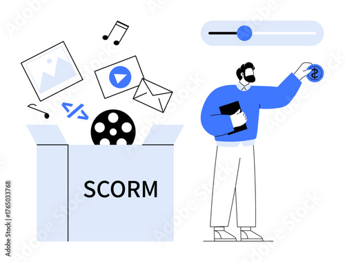 Open SCORM box with icons thumbs up images, video, music, email beside user holding coin and slider control. Ideal for e-learning, data management, monetization, multimedia, online course tech
