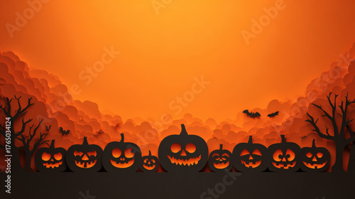 Minimalist Halloween paper cut silhouette border with gradient background for text