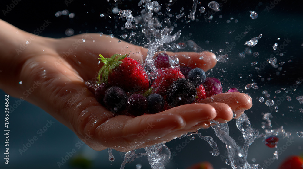 Fototapeta premium Headless shot showing arm dropping berries with crystal clear dynamic splash and flying droplets in frame, with copy space