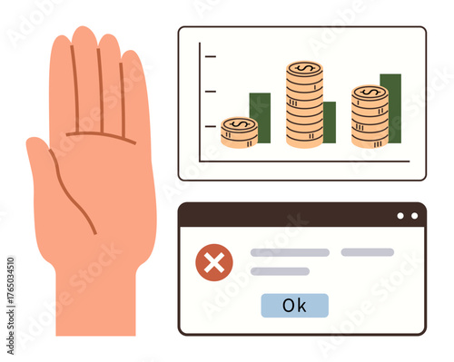 Raised hand beside stacked coins on a financial chart and error dialog box. Ideal for finance, budgeting, error prevention, caution, warnings, decision-making, communication. A simple flat metaphor