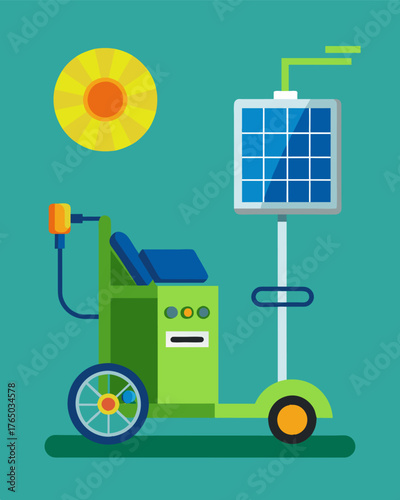 A thoughtfully designed charging station for electric wheelchairs utilizing solar energy to reduce carbon footprint and promote sustainability.. Vector illustration
